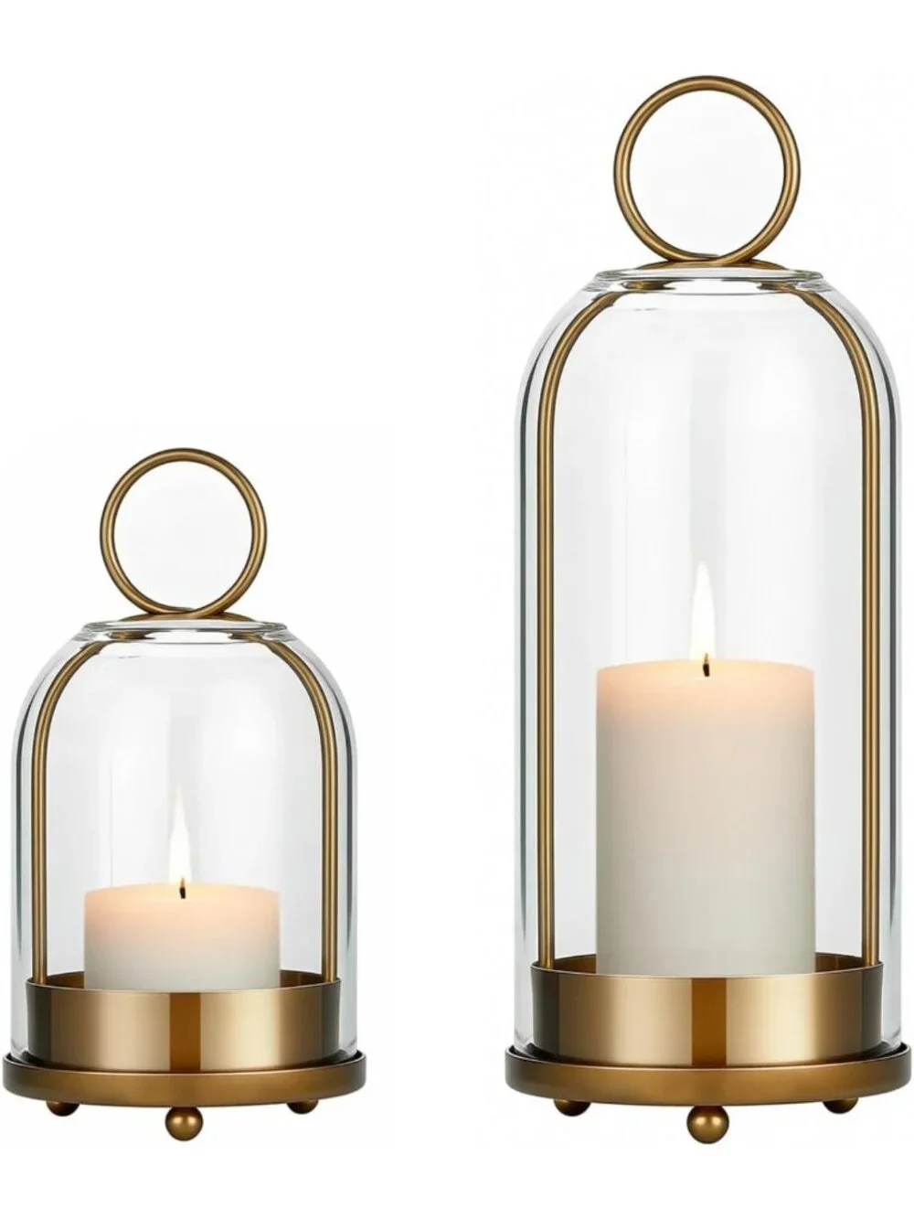 Set of 2 Hurricane Glass Candle Holders - Brass Hanging Pillar Candle Decor
